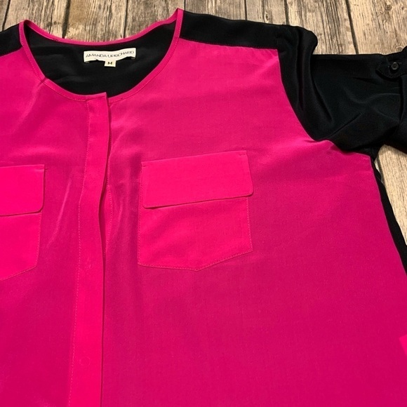 AMANDA UPRICHARD Silk Blouse Color Block short sleeve Top preppy minimalist MED - Picture 4 of 7